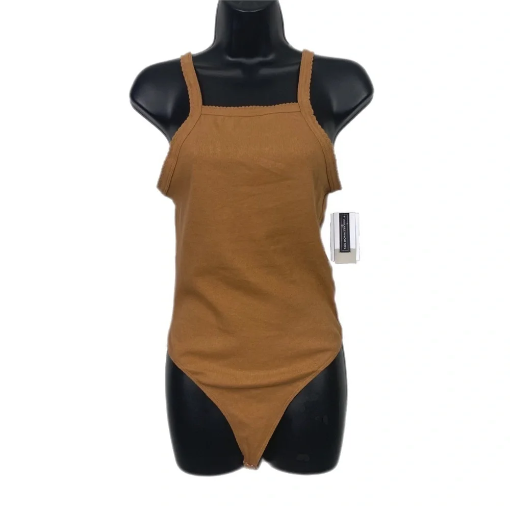 Nwt | BP. Picot Trim Cotton Blend Rib Bodysuit in Tan Dale Size Small & Medium - Picture 2 of 6
